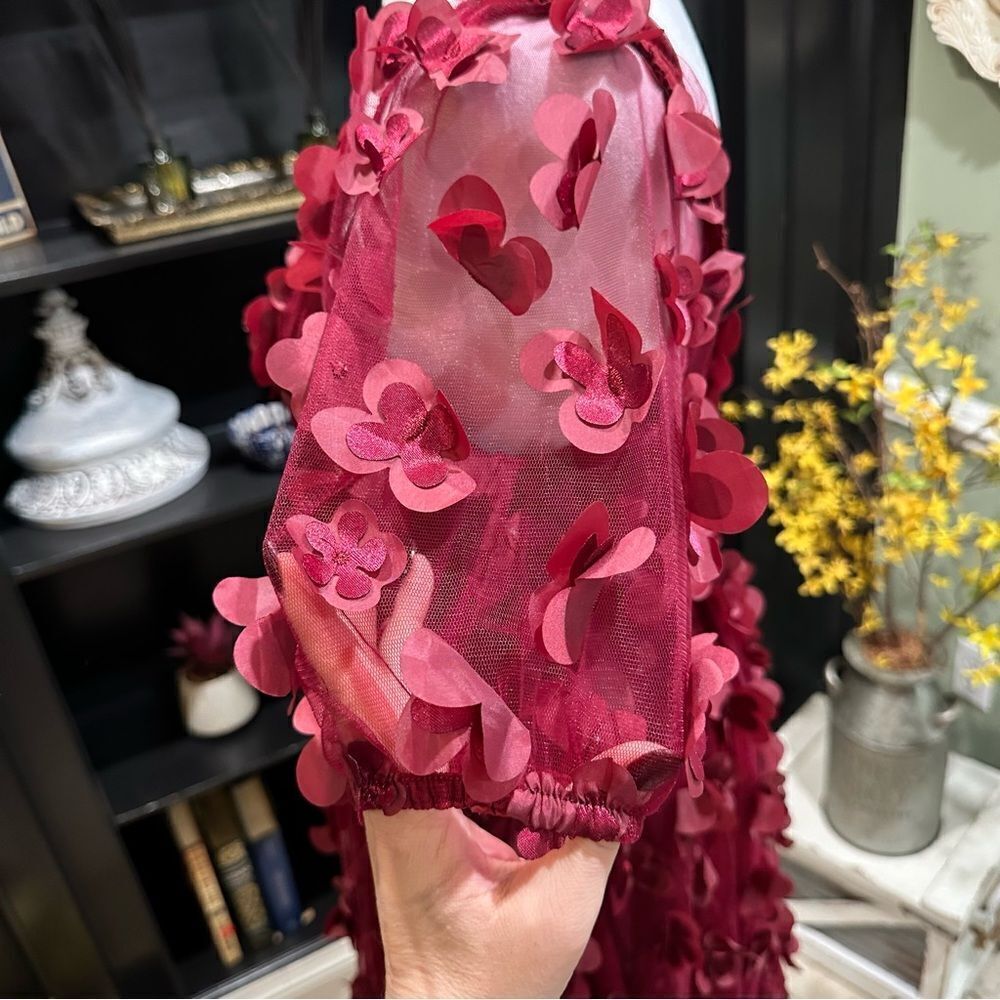 TCEC Burgundy Mini Dress with 3D Petal Appliqués - Picture 6 of 14